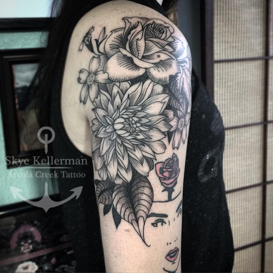 Skull Black and Gray Linework Illustrative Flower tattoo by